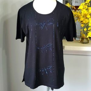 QUACKER FACTORY short sleeve lightweight sweater with beaded dragon fly, blk, Lg